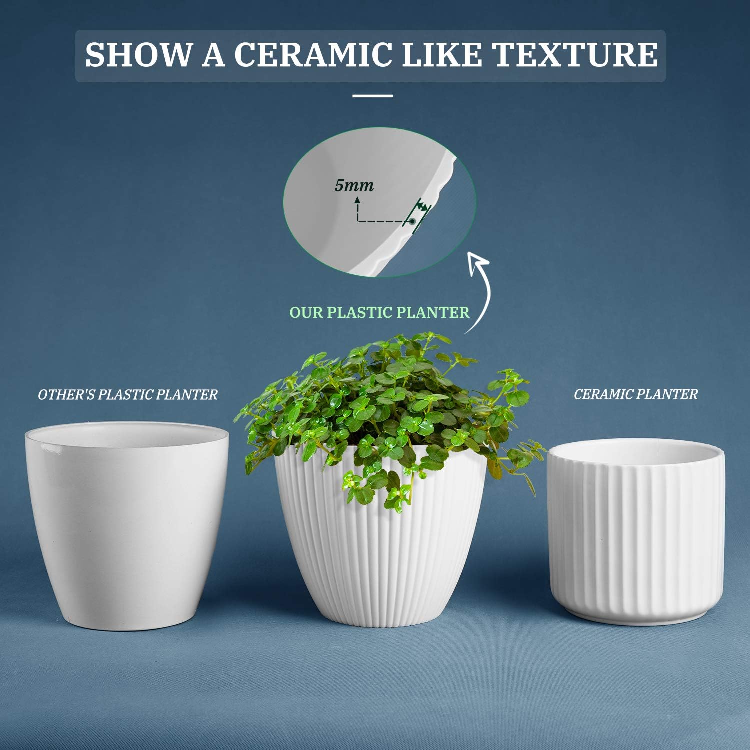 homenote Flower Pot, 7.7/6.9/6.3/5.5/4.9 Inch Indoor Plant Pots Modern Decorative Plastic Planter with Drainage Hole and Plug for All House Plants, Flowers, Matte White