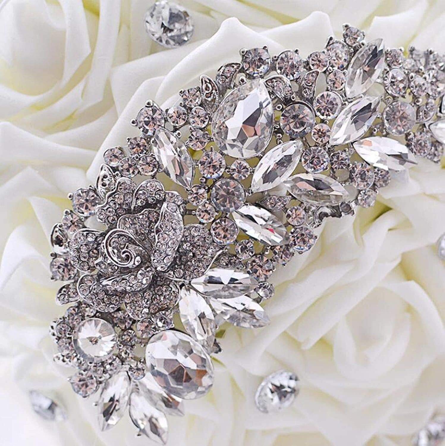 Ramo de Novia romántico Hecho a Mano, Flores Artificiales, Broche de Diamantes de imitación, Broche Plateado para Sujetar Ramos (Color: Marfil-2) (Plata) Interesante