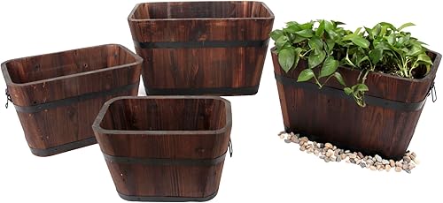 Miniatura 4 de Leisure Season BREP109 - Macetas rectangulares de madera estilo barril, color marrón oscuro, juego de 4 unidades, madera de cedro y ciprés, jardín