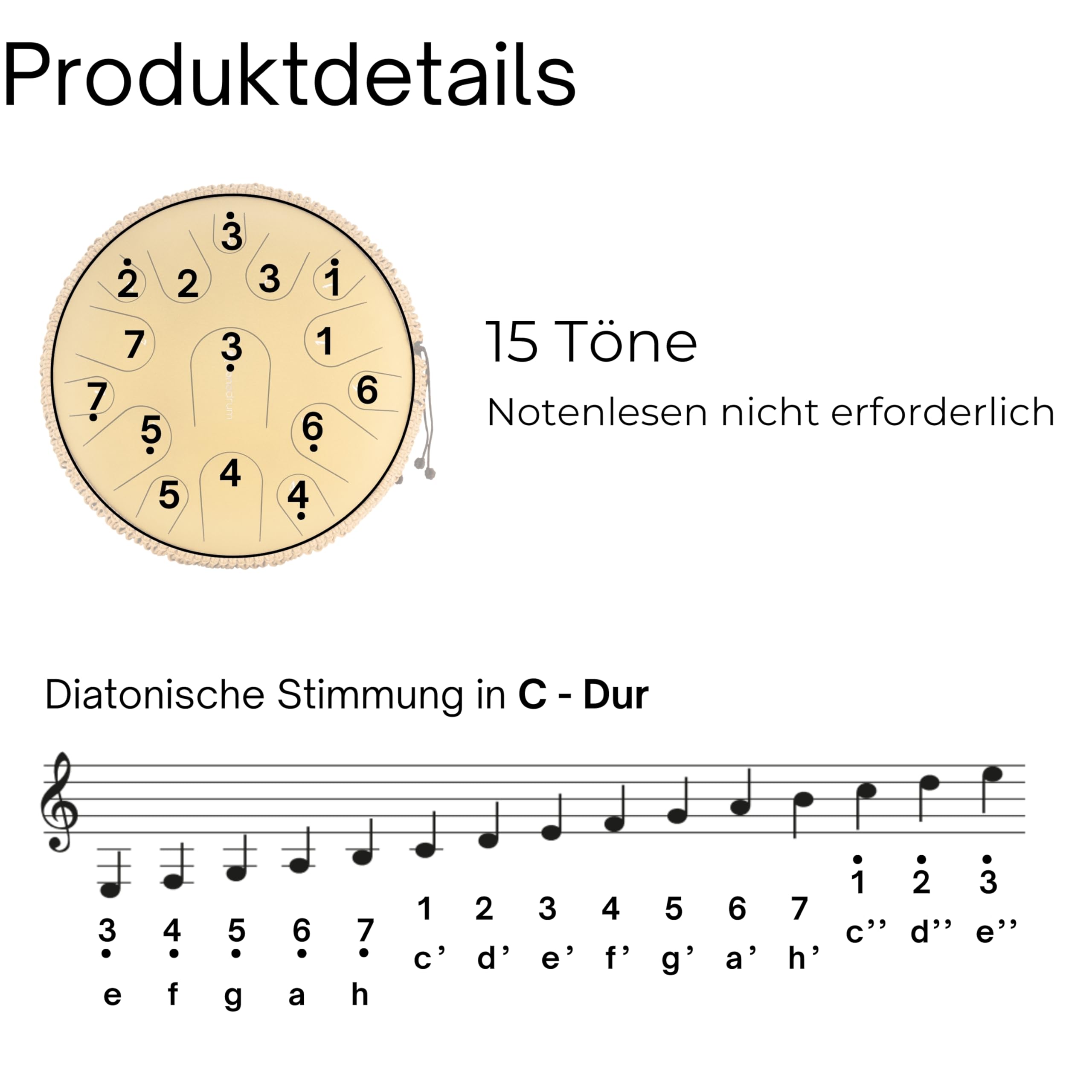Zungentrommel "Premium" C - Dur in Gold - 35 cm groß mit 15 Tönen - Steel Tongue Drum inkl. Liederbuch, Schlägel, Fingersticks und Tragetasche - Notenlesen nicht nötig, einfach zu spielen.