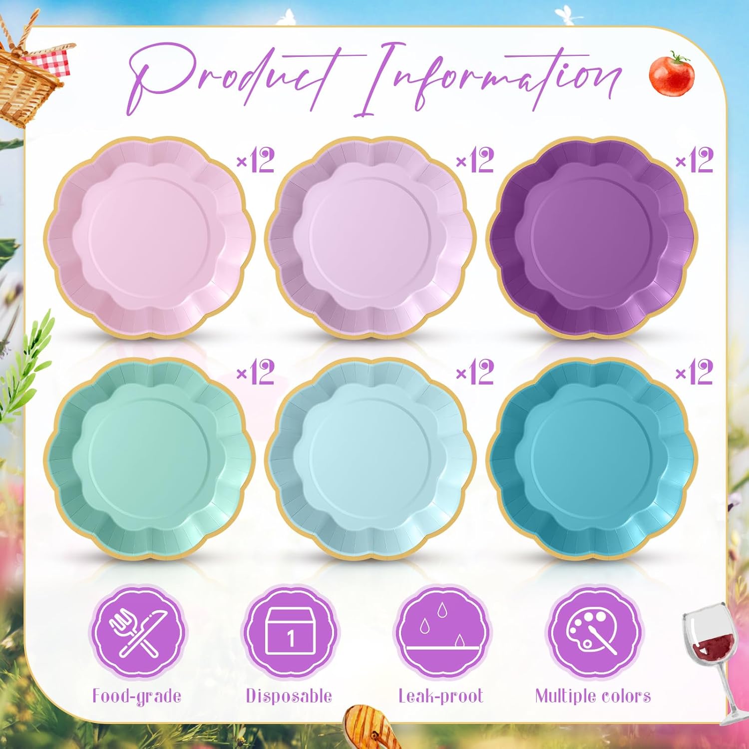 72 Pcs Mermaid Paper Plates 9 Inch Pink Blue Purple Scalloped Paper Disposable Dinner Dessert Plates for Seashell Sea Birthday Wedding Bridal Party Supplies, 6 Colors