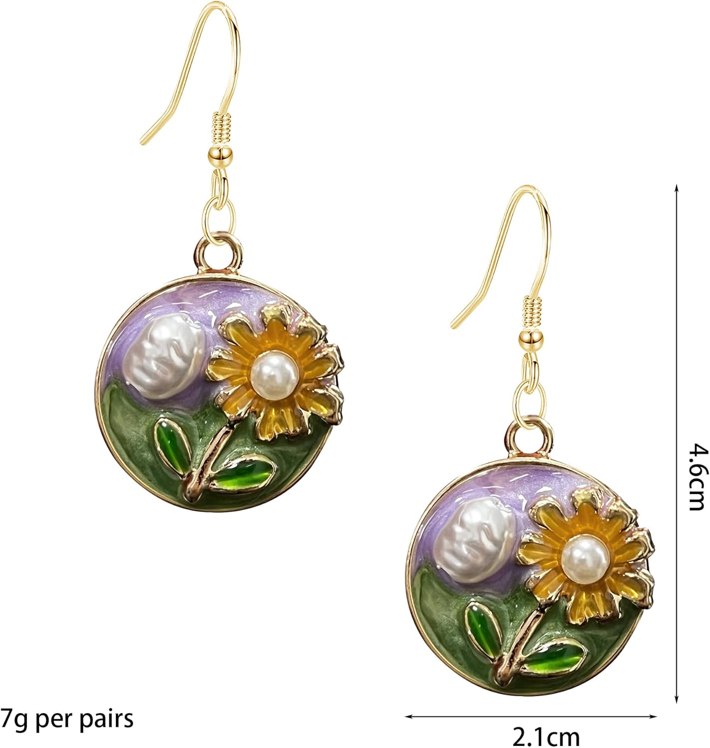 Vintage Enamel Pearl Flower Earrings for Women Circle Oil Painting Flower Pearl Drop Dangle Earrings - Image 4