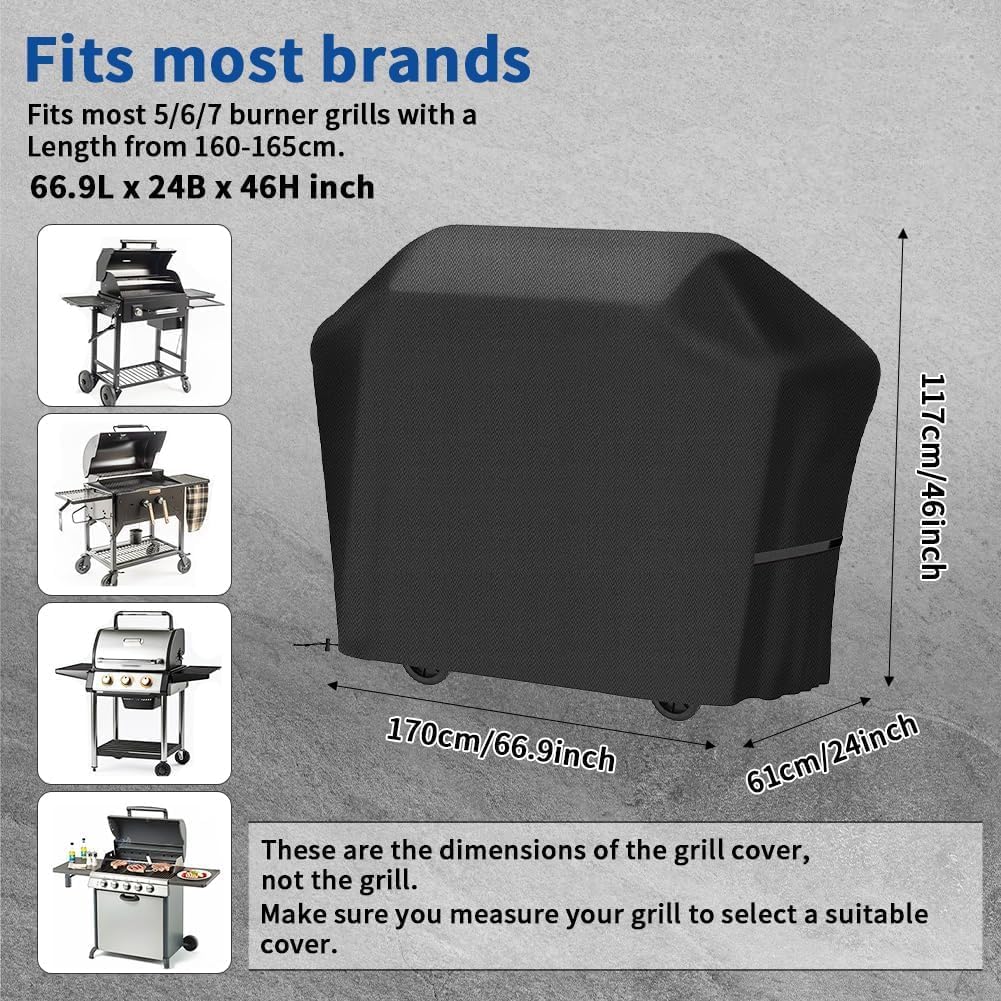 Grill Cover 67" Heavy-Duty Waterproof Grill Cover for Outdoor Gas BBQ Rip, Wind, UV, Dust &Fade Resistant Barbecue Cover with Hook-and-Loop Straps for Most Grills,Black