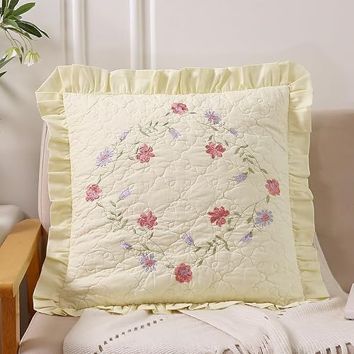 Miniatura 2 de vctops Juego de 2 fundas de almohada cuadradas decorativas de algodón con volantes y diseño floral suave para sofá, cama (flor B, 18 x 18 pulgadas)