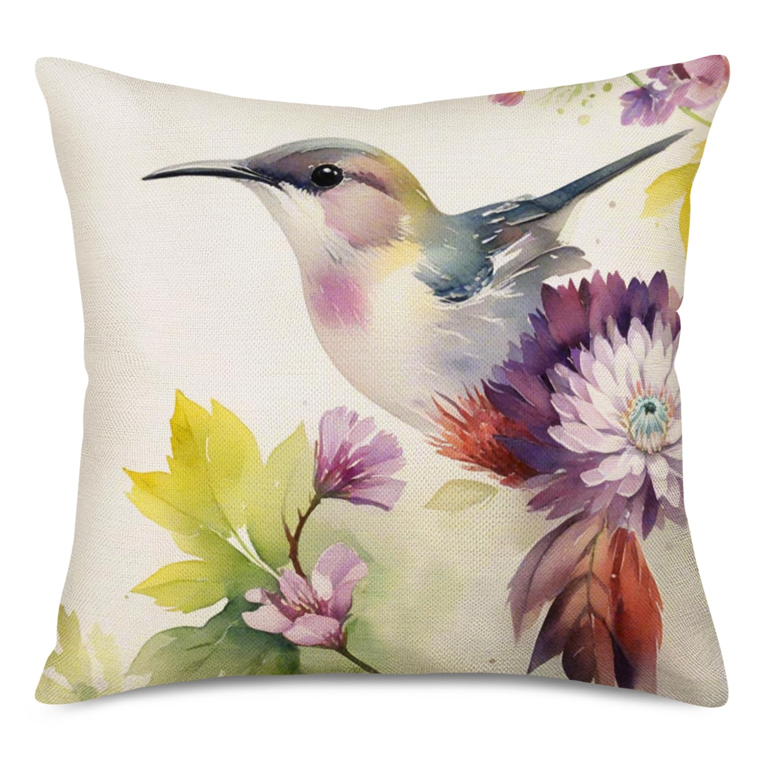 Doitely WPB Lot De 4 Housses De Coussin Décoratives à L'aquarelle Avec Motif Oiseaux Et Colibris Sur Les Branches D'arbre Pour Extérieur, Canapé, Lit, Canapé, 45,7 X 45,7 Cm