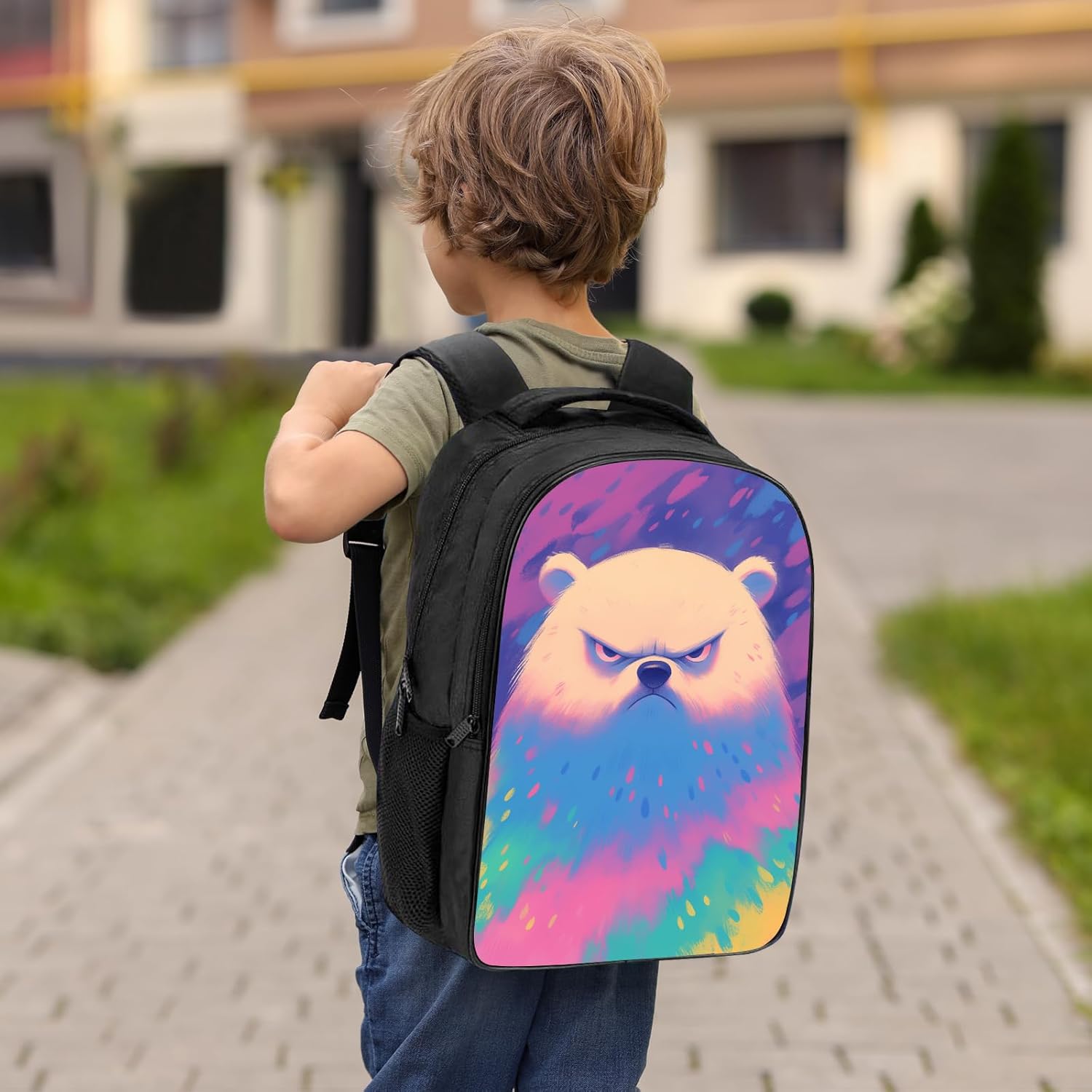 Bear Backpack Cute Angry Bear with Rainbow Leopard Cheetah Print Bookbag, Animal School Backpack Shoulder Bag, Elementary School Boys Girls Backpack, 16 Inch Backpack with 2 Compartments