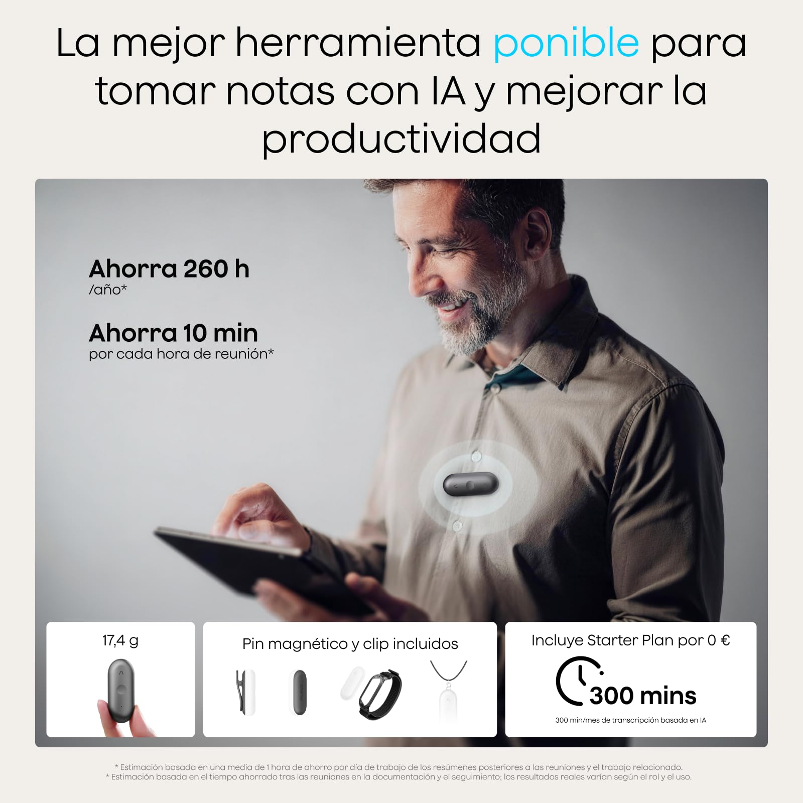 Plaud NotePin S Grabadora de Voz IA con botón de grabación táctil Transcripción IA Resúmenes Tomar Notas Transcripción Resumen IA para Reuniones Llamadas Entrevistas Charlas Clases con 4 Accesorios