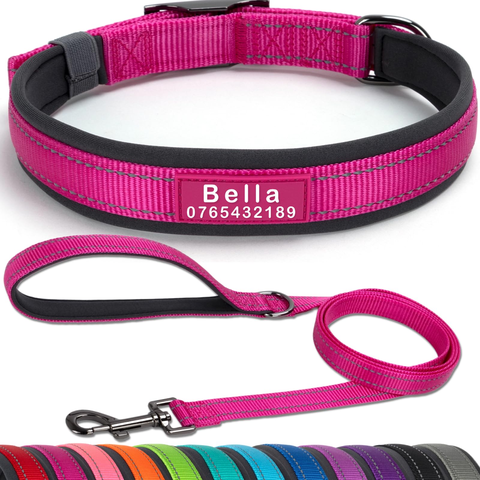 SEOUGEE Personalised Dog Collar and Lead Set | Durable Metal Buckle | Ultra Wide Soft Neoprene Padded | Adjustable Reflective Dog Collar for Medium Large Dogs (L, Rose Red Set 47-57cm)