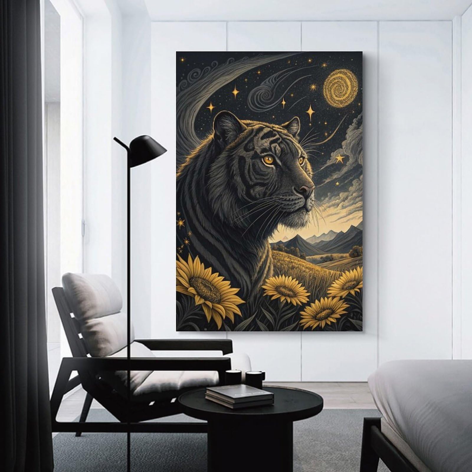 Junmoney Tiger in A Starry Sunflower Field Decorative Wall Artwork, 20x30inch(50x75cm), for Corridors, Hallways Or Apartment Entries, Home Artwork for First Impressions