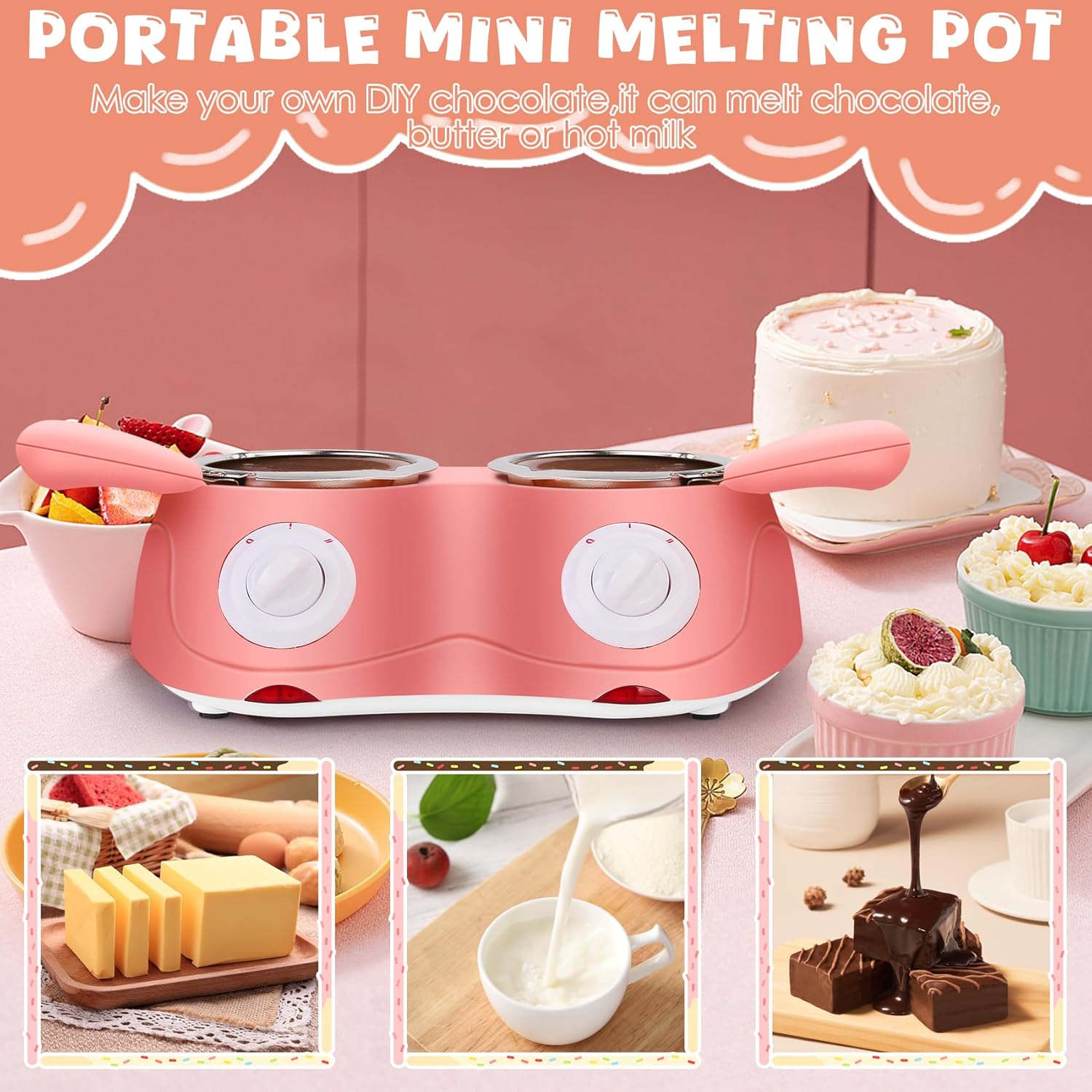 Chocolate Melting Pot, Electric Chocolate Fondue, Mini Fondue Candy Maker with Double Melting Pot for Milk Chocolate, Cheese, Butter, Candy
