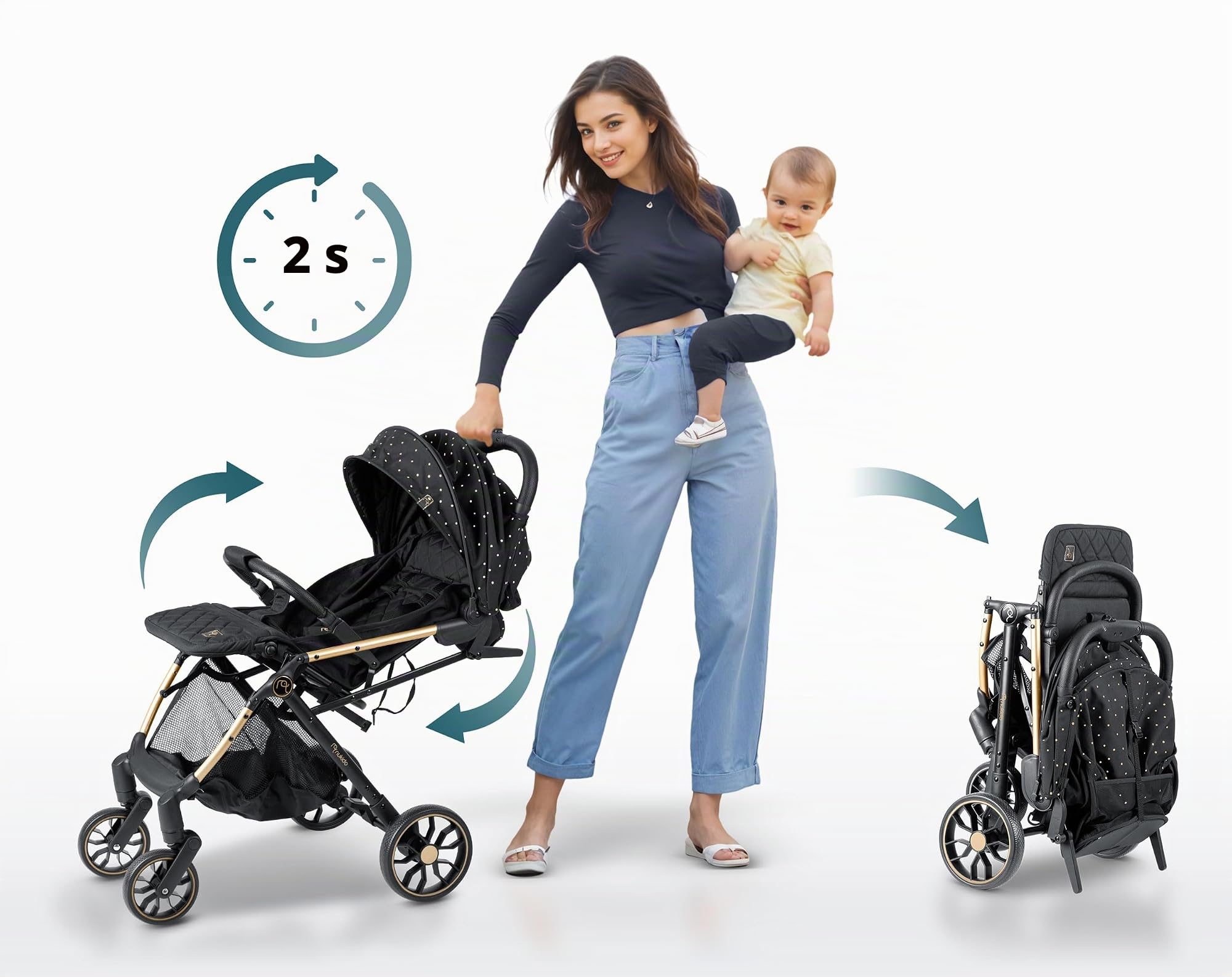 Nukido Silla De Paseo para Bebé con Bolsa De Transporte 0-36 Meses 0-15 kg Plegado Automático En 2 Segundos Ruedas De 360° con Amortiguación Grandes Ruedas Todoterreno Negro Oro Paseo