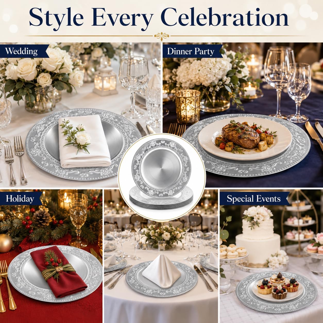 6 Pack Silver Charger Plates, 13" Wedding Chargers
