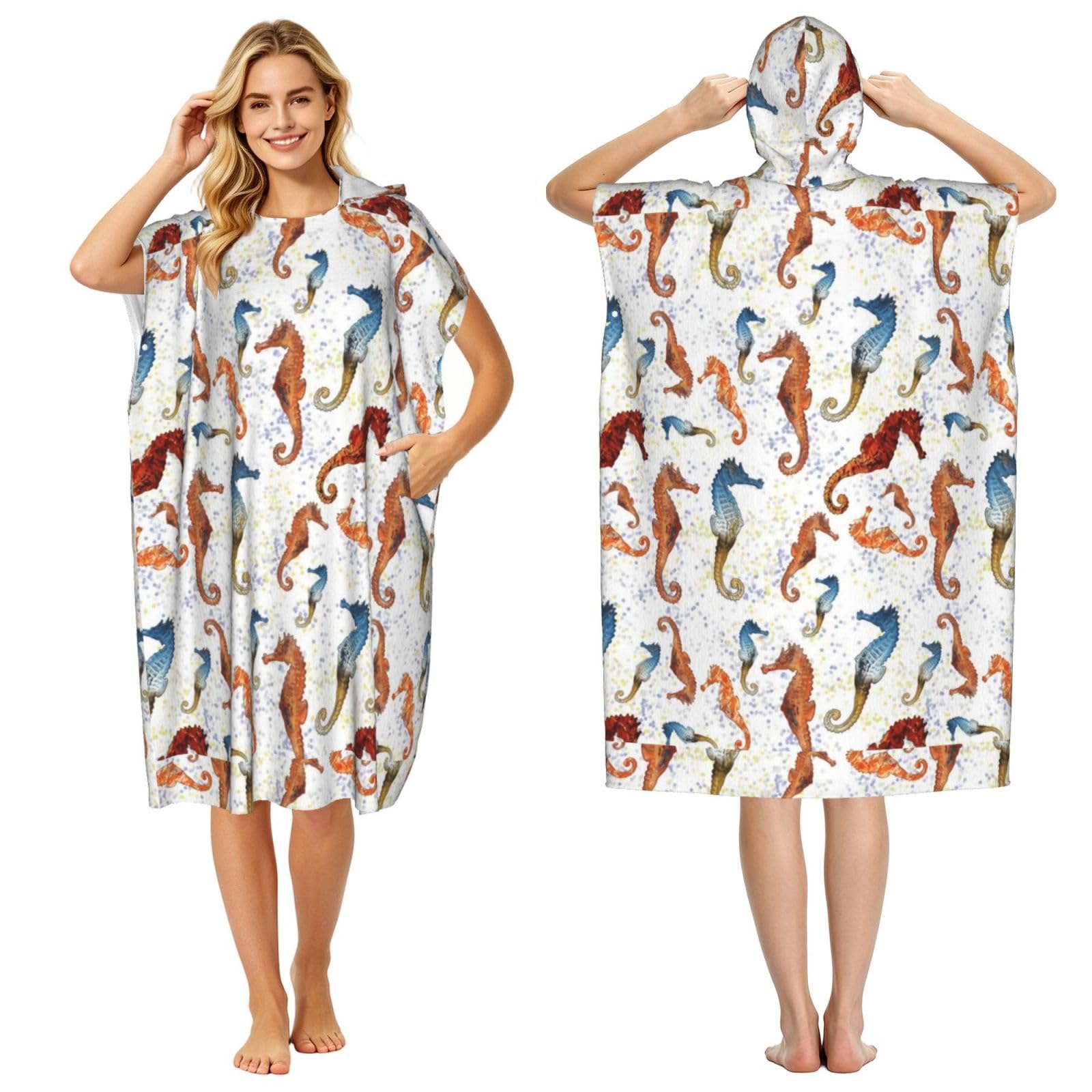 Poadnly Seahorses Ballet White Animals Nautical, Adult Hooded Beach Towel 90 x 110 cm,Changing Bath Robe, Surf Poncho Towel For Women Men