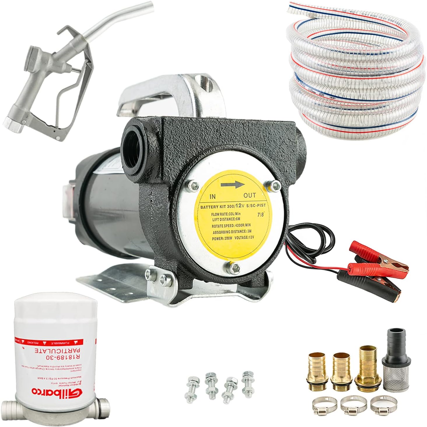 12V DC Portable Electric Fuel Transfer Pump Kit (Nozzle+Hoses +Filter), for Diesel, Kerosene, Machine, Transformer Oil, 10GPM Electric Self-Priming Diesel Pump.