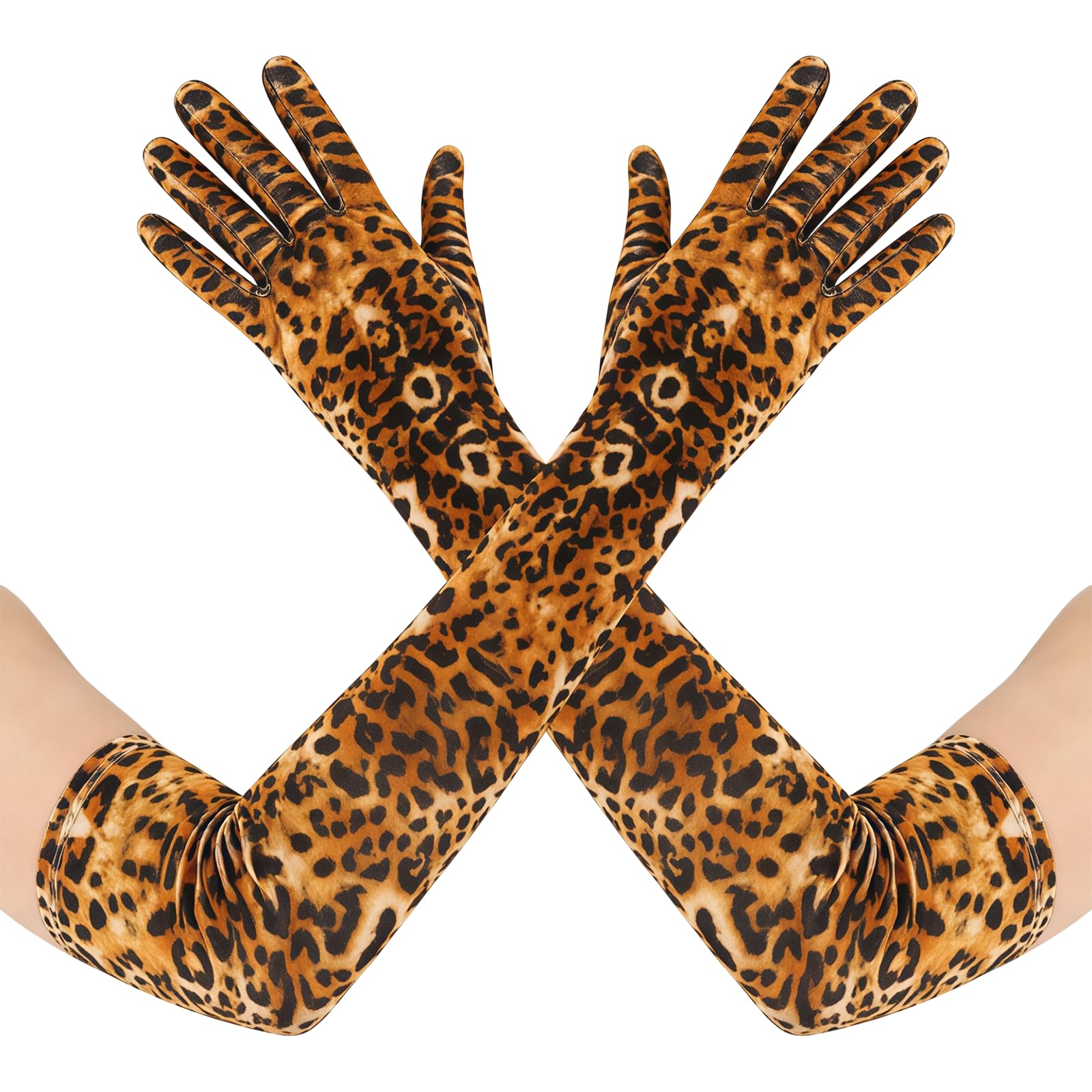 MFUOE Long Leopard Gloves Spandex Elbow Length Stretch Gloves Above Elbow Cosplay Costume Gloves Stretchy Satin Leopard Printed Gloves for Party Opera Dinner Wedding