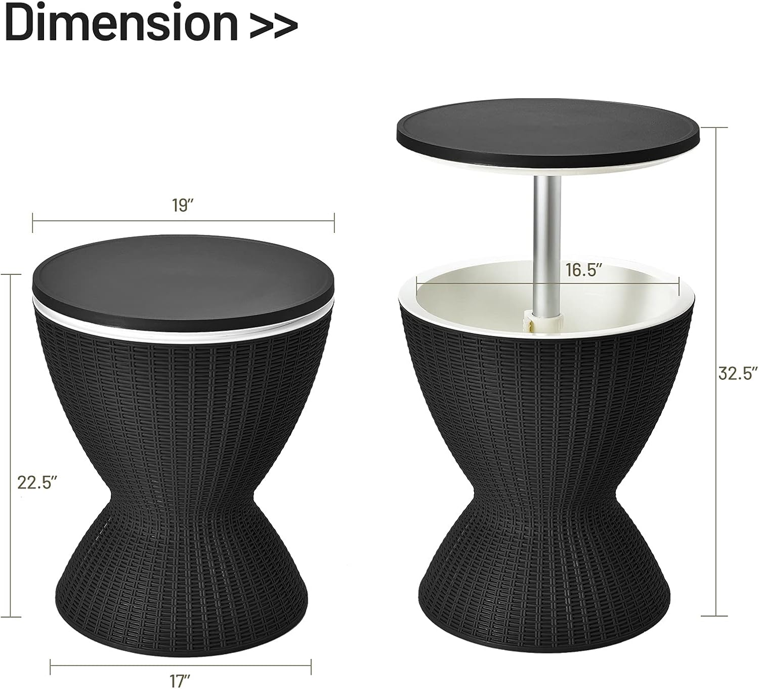 COSTWAY Outdoor Cool Bar Table, 8 Gallon Beer and Wine Cooler, Height Adjustable Rattan Style Cocktail Patio Bar Tables, 3-in-1 Ice Cooler with Drainage Plug for Deck, Pool, Party, Beach (Black)