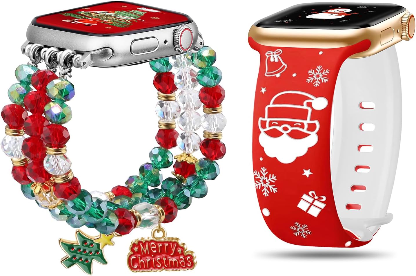 Christmas Crystal Beaded Bracelet Engraved Silicone Band Bundle Compatible with Apple Watch 38mm 40mm 41mm 42mm 44mm 45mm 46mm 49mm for Women for iWatch Series 10/9/8/7/6/5/4/3/2/1/SE/Ultra