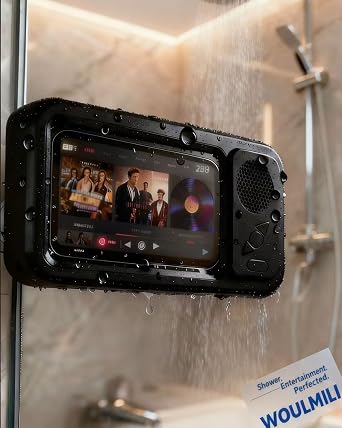 Shower Cell Phone Stand Holder Speaker Bluetooth Waterproof Wireless Anti Fog for Shower Speaker Phone Mount Stuff Case Screentouch Bath Accessories, Bathroom Accessories Gadgets Must Haves Black