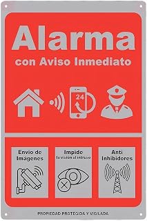 ELECTROMANIA - Señal de Alarma Metálica 14x20 cm – Aviso Inmediato, Protección 24/7, Anti-Inhibidores, Agujeros Preperforados, Disuasoria para Intrusos, Cartel Seguridad Exterior