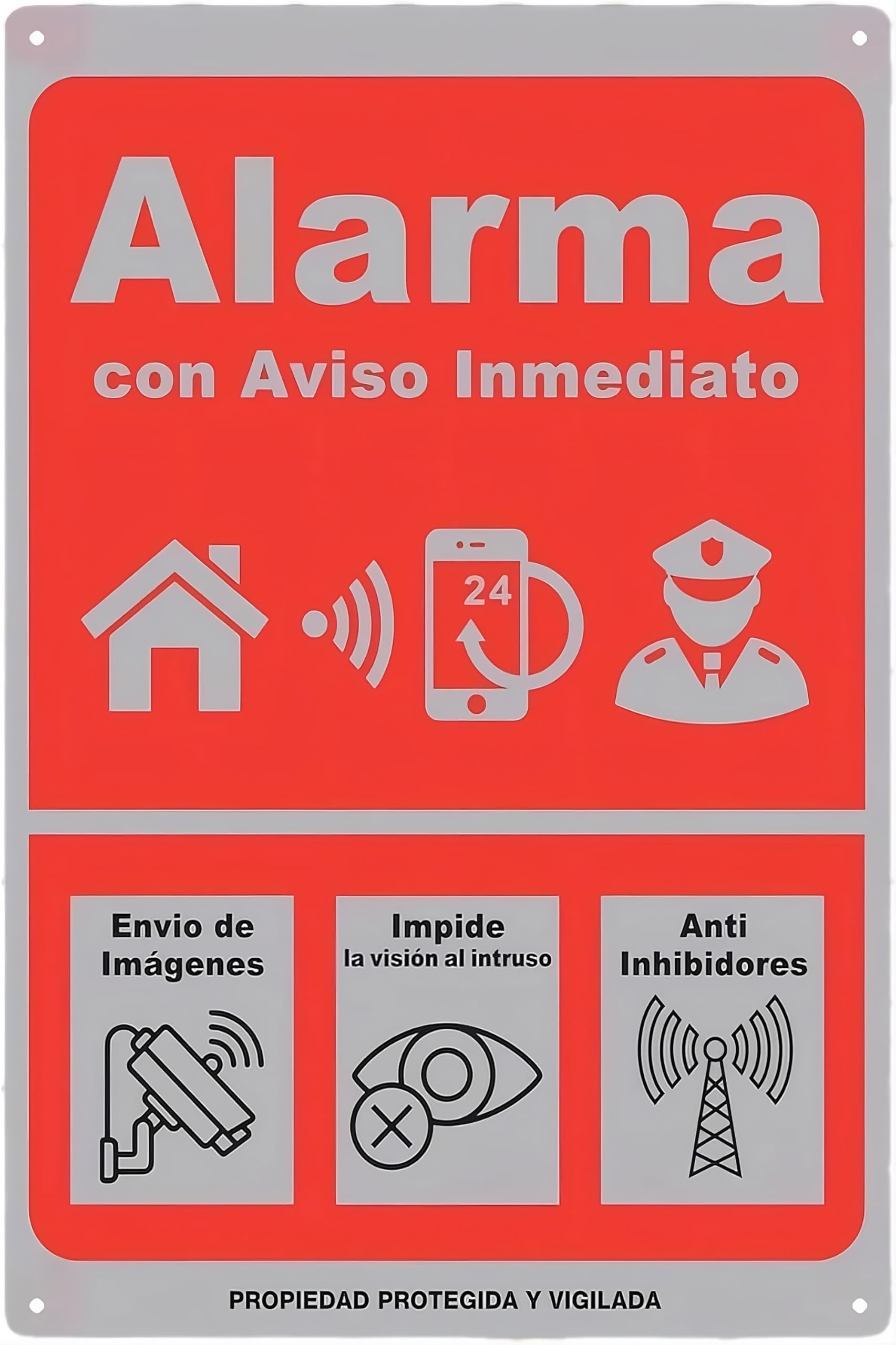ELECTROMANIA - Señal de Alarma Metálica 14x20 cm – Aviso Inmediato, Protección 24/7, Anti-Inhibidores, Agujeros Preperforados, Disuasoria para Intrusos, Cartel Seguridad Exterior