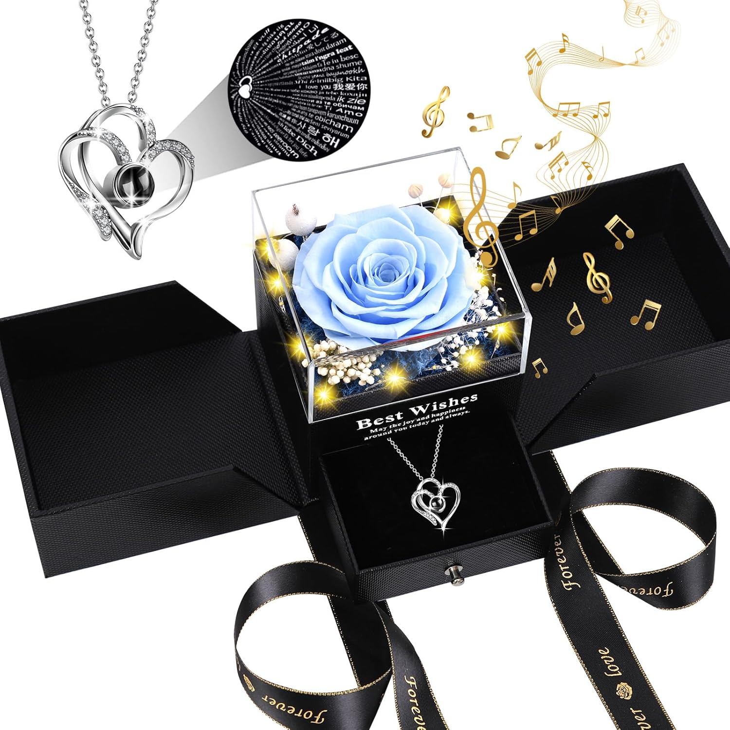 Mothers Day Mom Birthday Gifts for Women, Preserved Real Rose with I Love You Heart 100-Language Necklace, LED Lights & Music Box, Anniversary for Women Girlfriend Mom