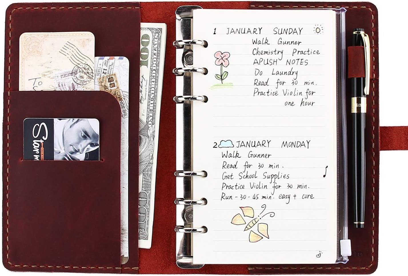 Genuine Leather Journal Writing Notebook, A6 Ring Binder Refillable Diary Notepads, Vintage Handmade Travel Organizer Agenda for Men Women - Wine