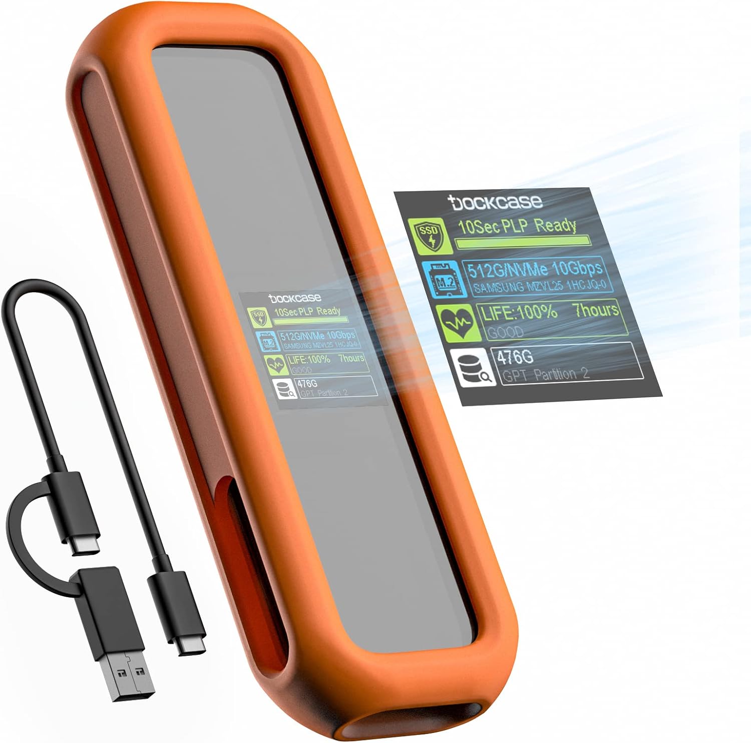 DOCKCASE Smart M.2 NVME Enclosure 10s Power Loss Protection, Disk Life Detection with Silicone
