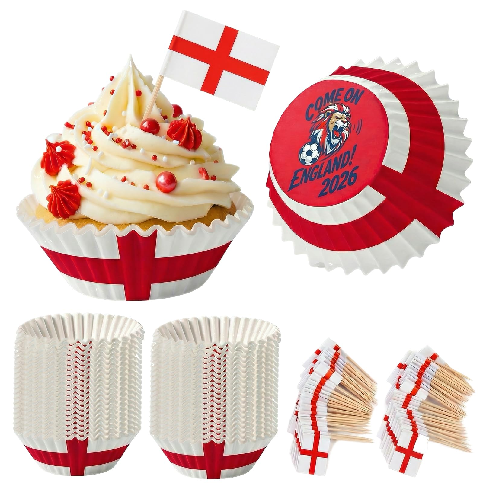 AURALIN 200pc England Baking Set - 100 'Come On England 2026' Cupcake Cases & 100 St George's Cross Cocktail Sticks Patriotic Party Cake Toppers for St George's Day & World Cup 2026
