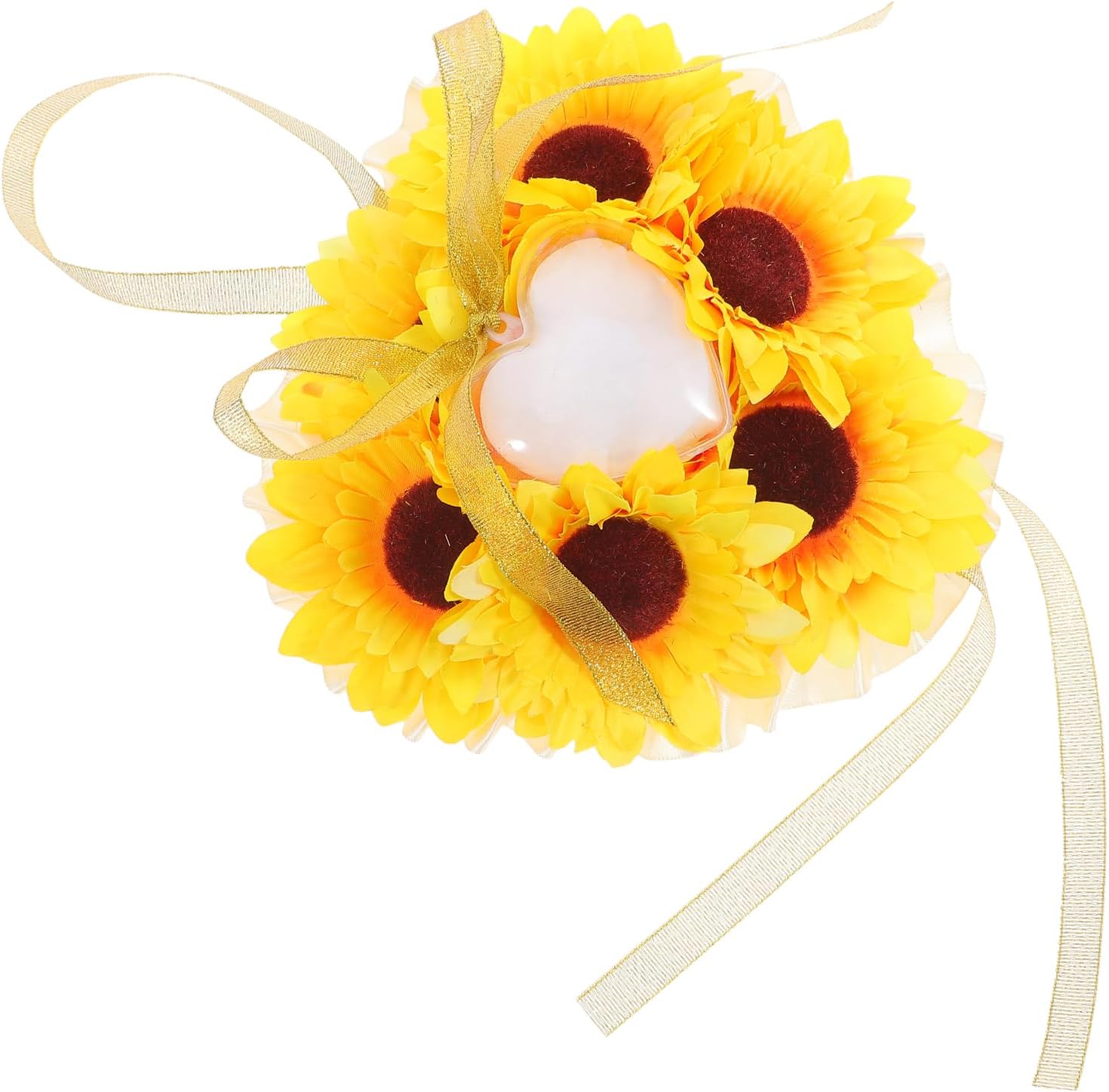 Sunflower Wedding Pillow - Heart-Shaped Bearer Box with Golden Ribbon and Lace for Wedding Ceremonies and Engagements