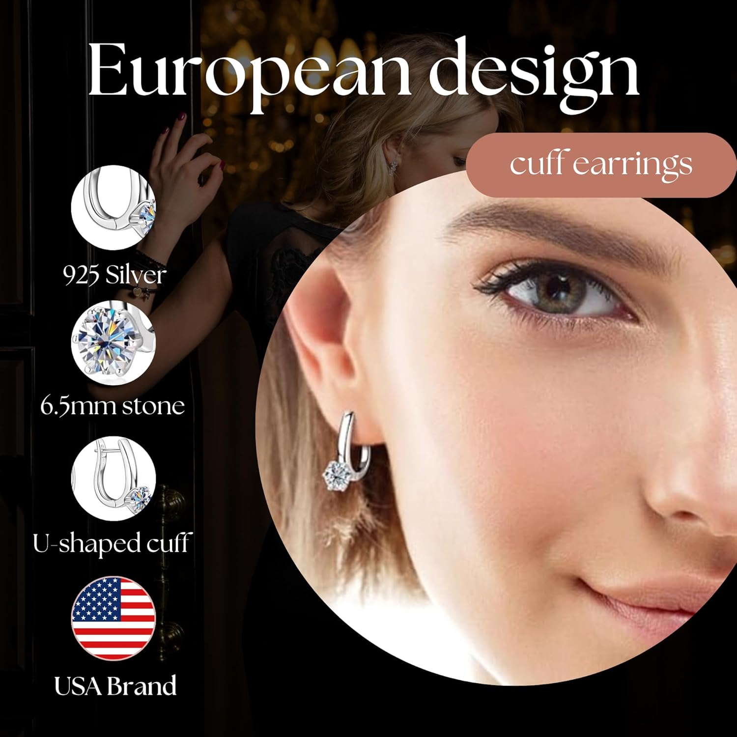 925 Sterling Silver U-Shaped Clip Earrings - Moissanite Diamond - Sparkling European Design - 1/4 inch, 1.0 Carat Classic Cuff - Gift Box Included