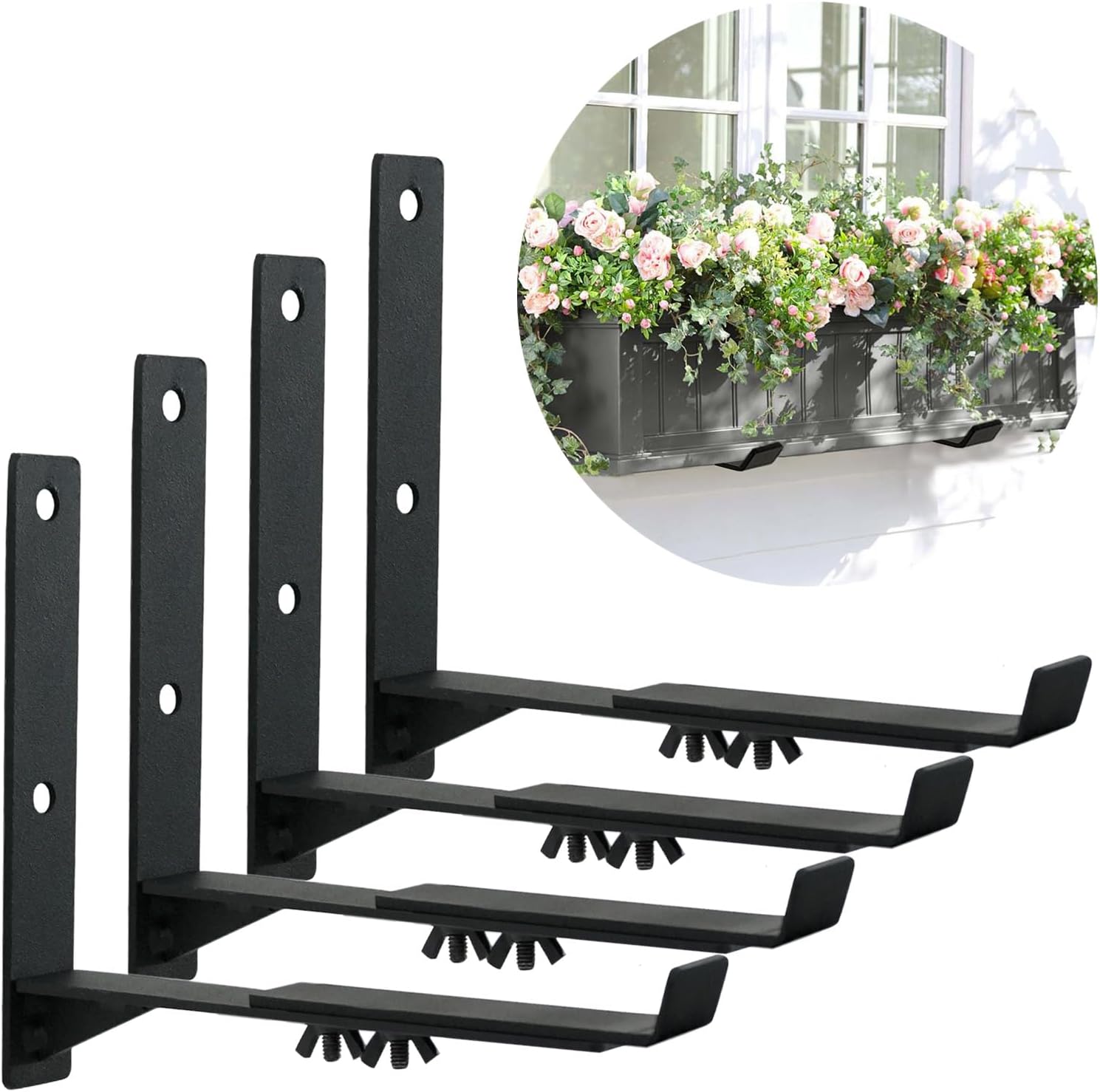Thrivinest Window Box Brackets, Adjustable Planter Box Brackets (7.8 to 11.4 inch) Heavy Duty Metal Flower Box Wall Mounting Hooks for Railings, Garden, Balcony, Fences, Black(4 Pack)