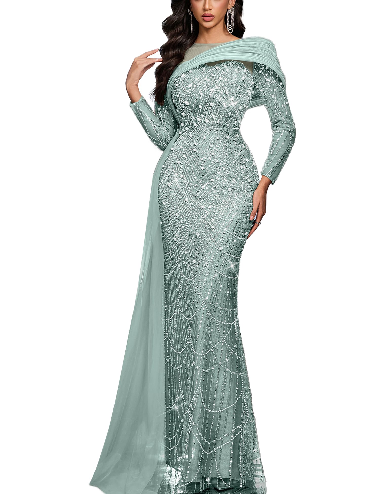 Photo 1 of VOUIAO Women Sequin Beaded Mermaid Formal Evening Gown Long Sleeve Prom Dress Bodycon Wedding Guest Party Cocktail Maxi Dress Mint Blue L