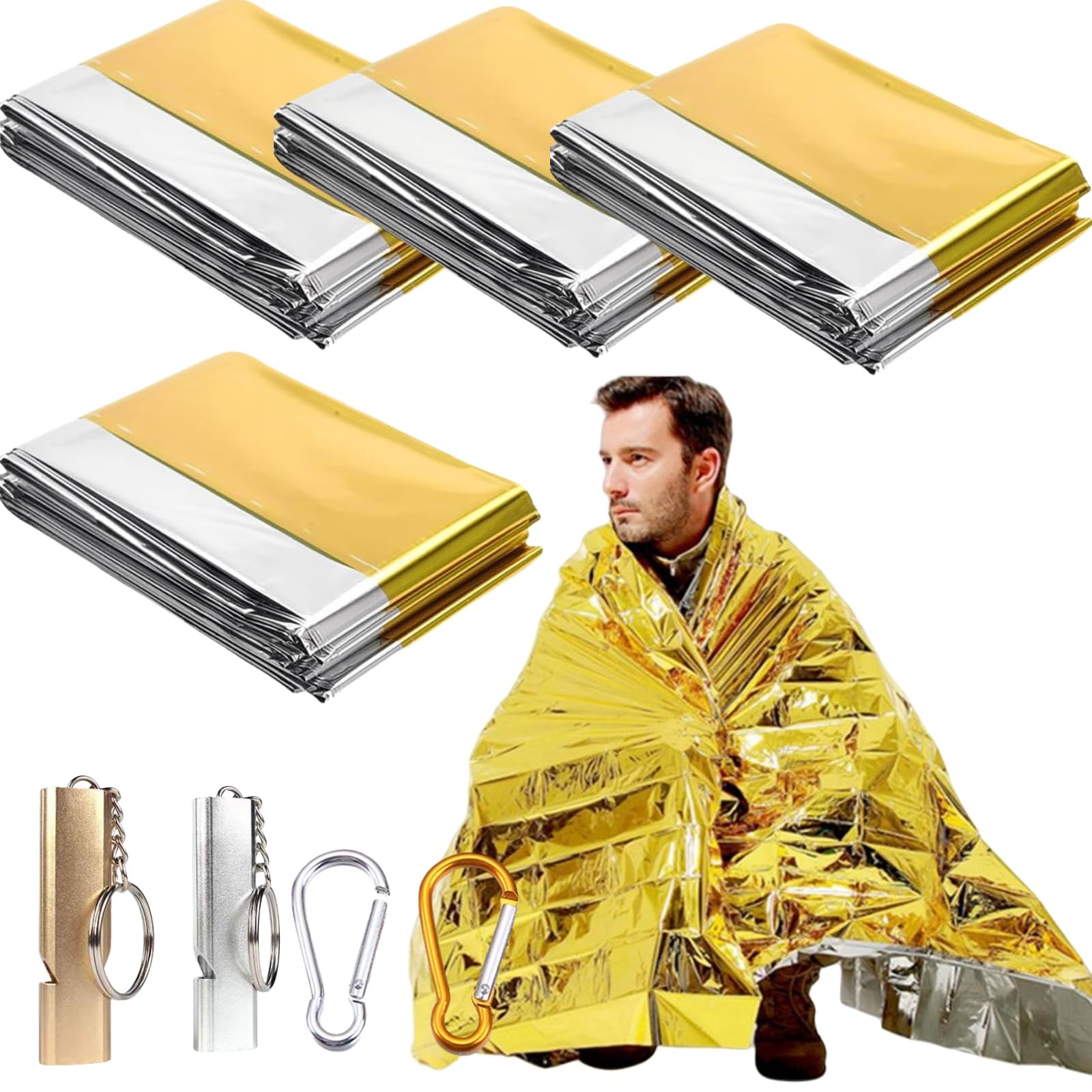 Manta de Rescate,Mantas de Emergencia,140x210cm Manta Termica Supervivencia,Manta Termica Oro Plata,Mantas Reflectantes de Supervivencia,con Silbato y Mosquetón,para Exteriores,Senderismo,4 Piezas
