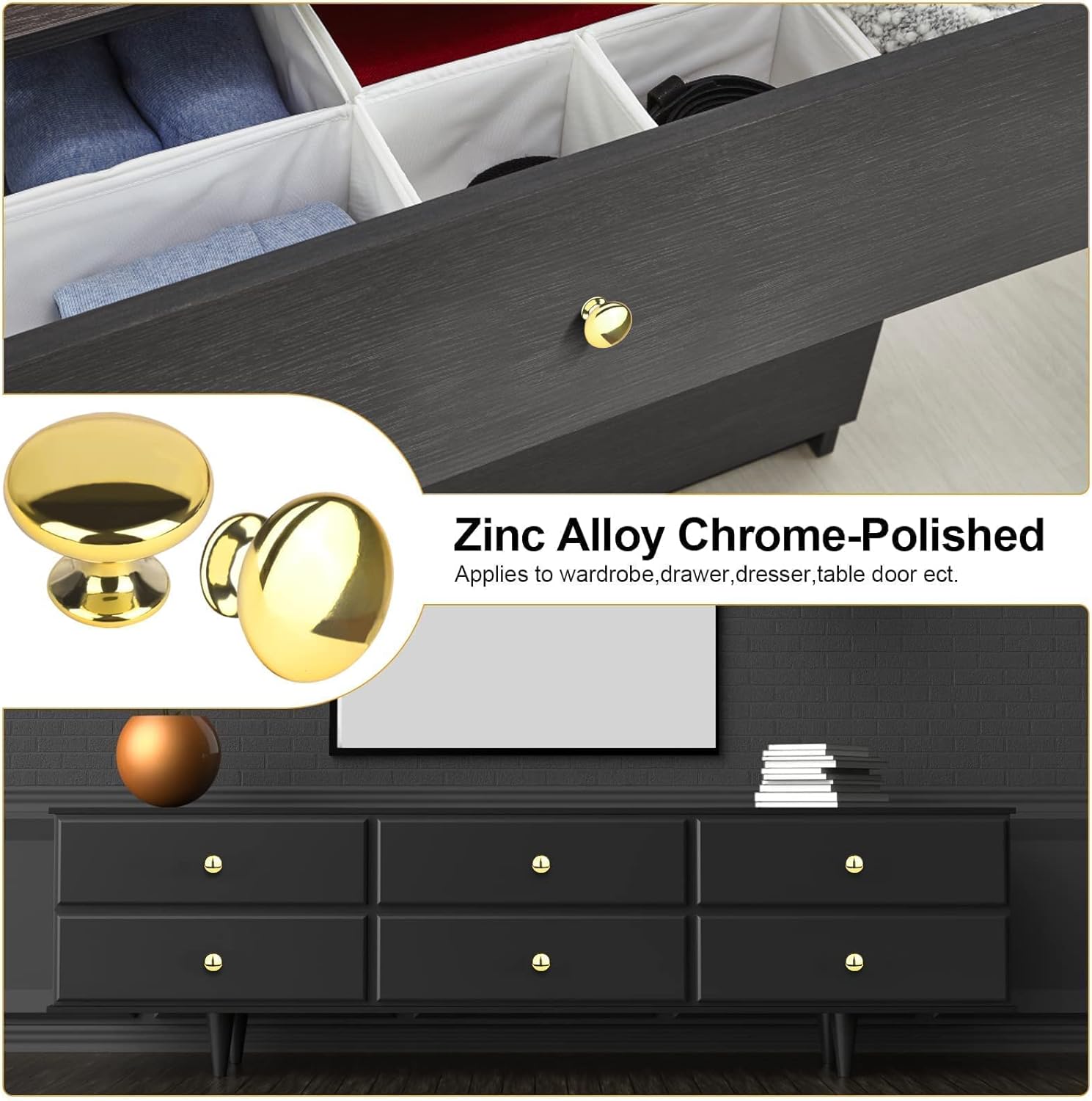 Gold Drawer Knobs Polished Chrome Cabinet Hardware Round Mushroom Gold Cabinet Knob Pull Handle 30mm/1.18" for Kitchen Cupboard Furniture Chest Door Dresser Bathroom (4pack)