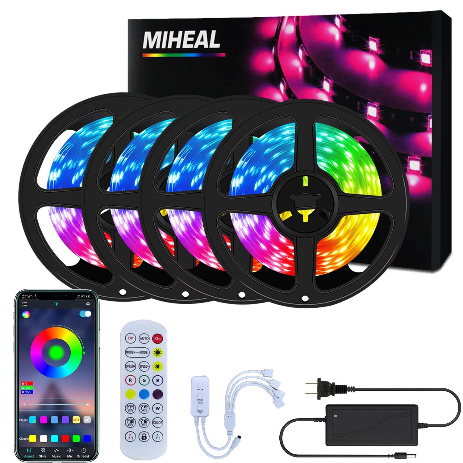 MIHEAL 65.6FT Bluetooth LED Strip Lights, Music Sync Color Changing LED Lights,24Key Remote, App Controlled Light Strip,600 LEDs Lights for Home,Bedroom
