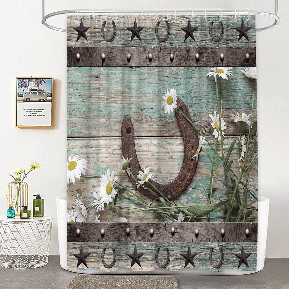 Rustic Horseshoe Shower Curtain Teal Daisy Floral Farmhouse Spring Country Natural Vintage Wood Board Texas Western Star Fabric Bathroom Decor Curtains with Hooks, 86" Wx70 H