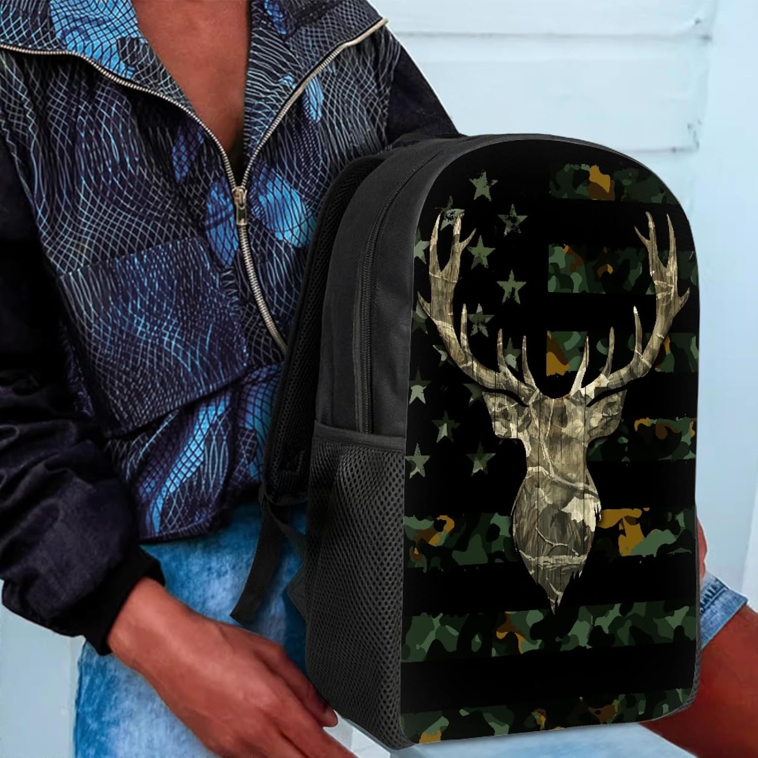 Mumeson Cool Deer and America Flag Print Kids Backpack Schoolbag Soft Cushion Shoulder Straps Rucksack Daypack Durable Zipper Closure Bookbag for Boys Middle School
