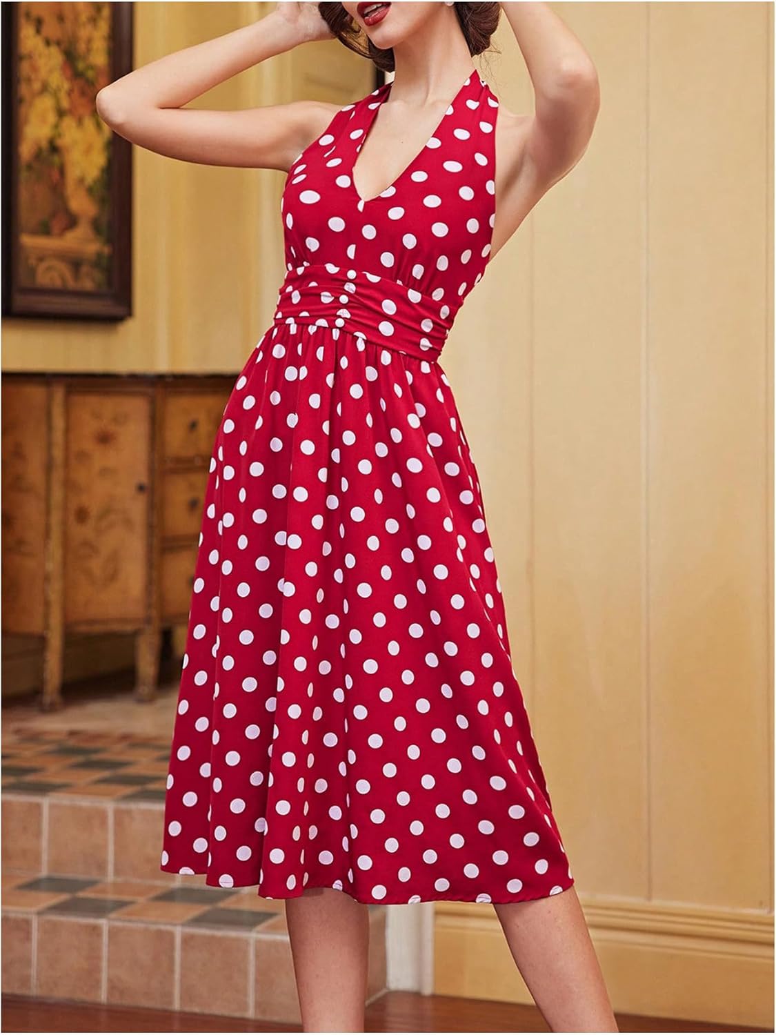 MakeMeChic Women's Polka Dots Dress HalterTie Open Back Ruched A Line Midi Dresses - Image 3