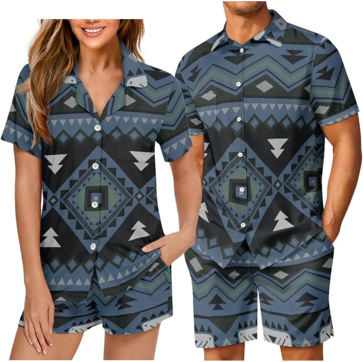 Couple Aztec Pajamas Matching Set 3D Print Geometric Ethnic Traditional Tribal Patterns Short Sleeve Button Down