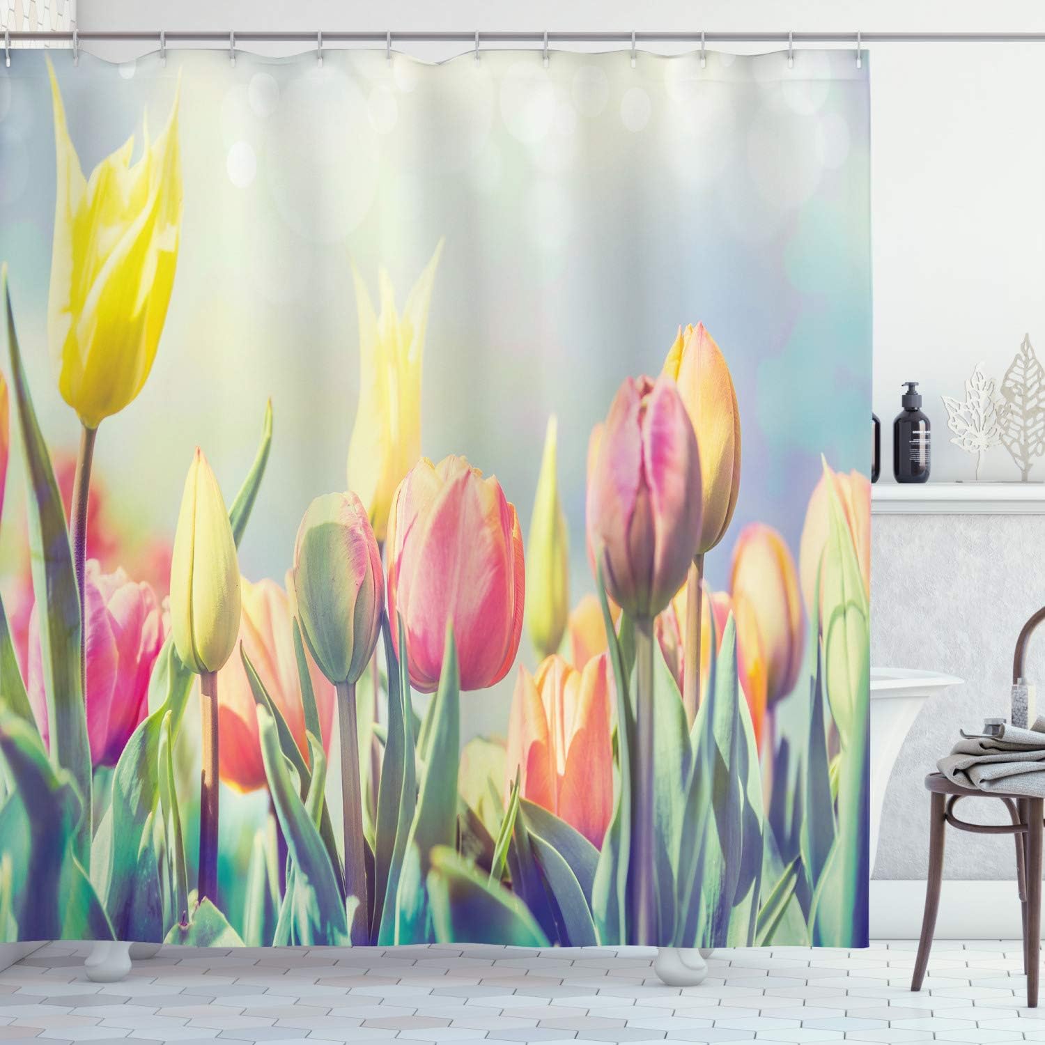 Ambesonne Pastel Shower Curtain, Tulips Flower Bed in Park Serene Landscape Happiness Fresh Spring Environment Image, Cloth Fabric Bathroom Decor Set with Hooks, 69" W x 84" L, Multicolor