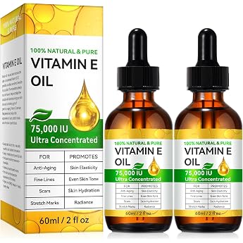 Vitamin E Oil 75000 IU - Pure & Natural Skin & Hair Care Oil Moisturizing for Face Body Scars and Scalp 2 packs 2 x 60 ml