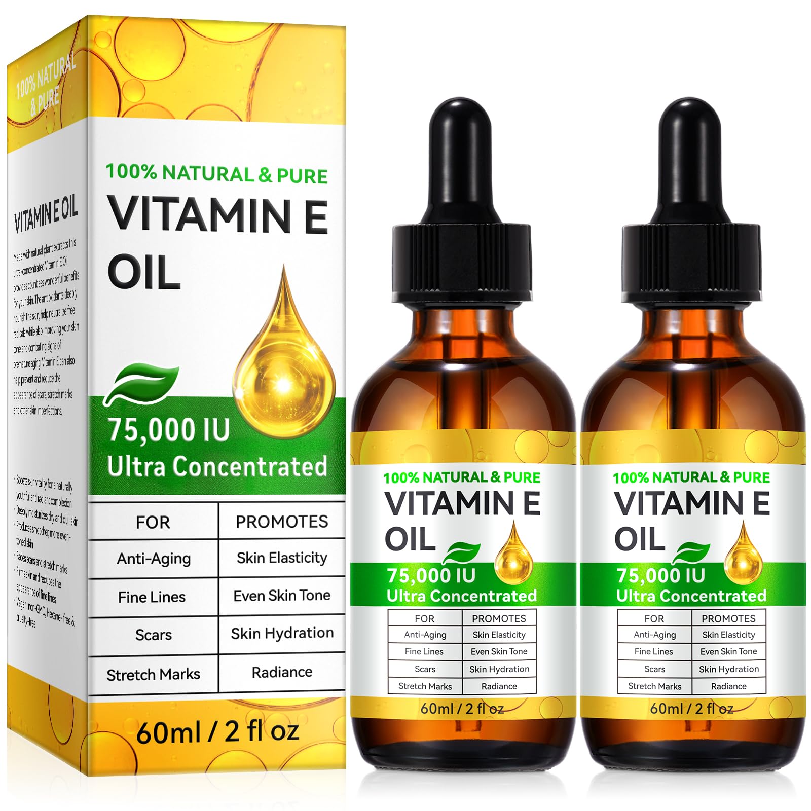 2PACK Vitamin E Oil for Face,100% Pure Vitamin E Oil,Organic Pure Vitamins E Oils,75,000 IU for Plump Skin,Body - Natural Antioxidant for Dryness,