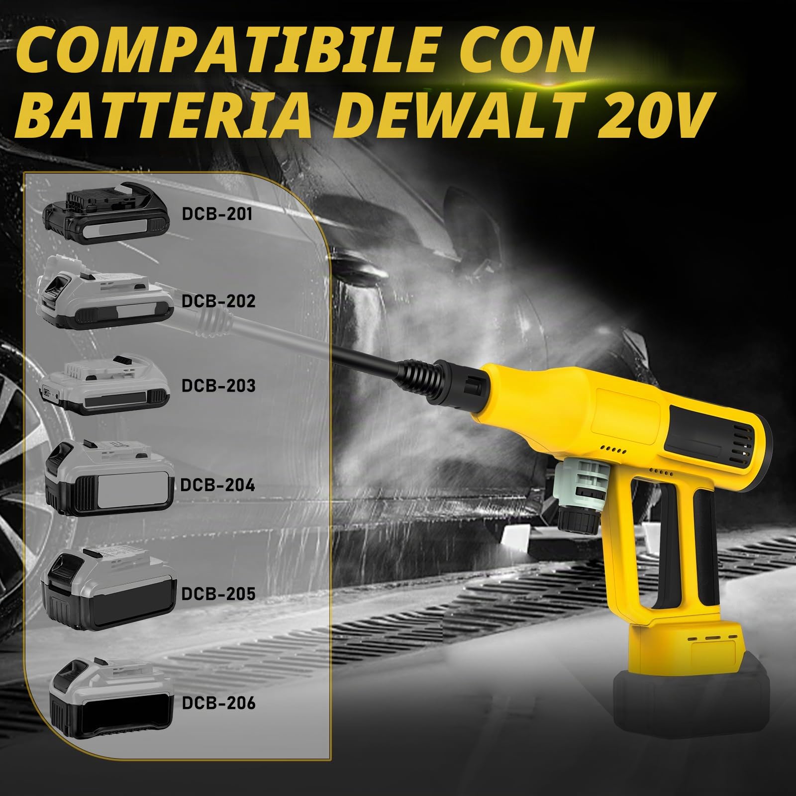 Rondella ad alta pressione a batteria compatibile con Dewalt 20V batteria (senza batterie), 340 W, 4 marce, pistola tubo 5 m, ugello 6 in 1, filtro, brocca schiuma, spazzola rotante