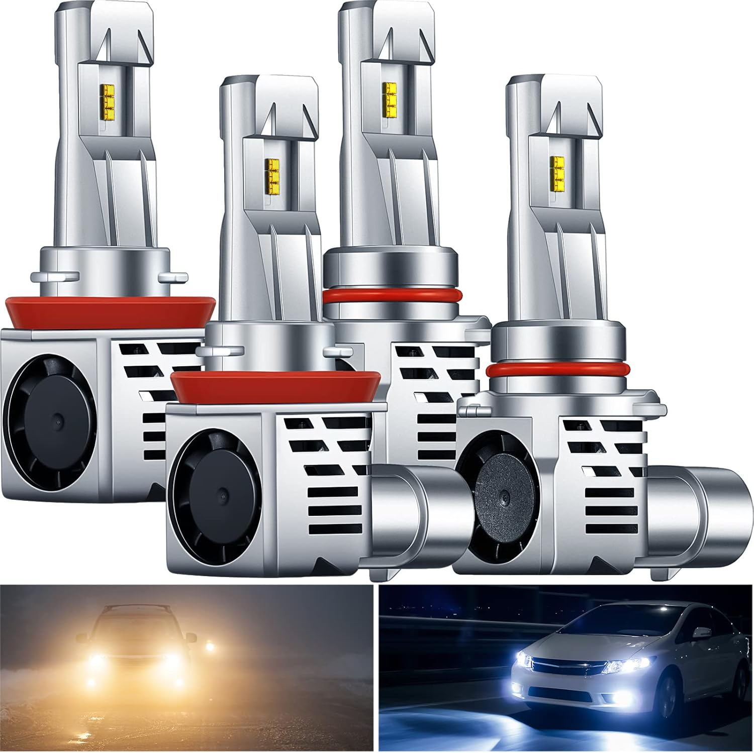 Pack of 4 H11 9005 LED Headlight Bulbs Combo, 6500K Cool White 24000LM