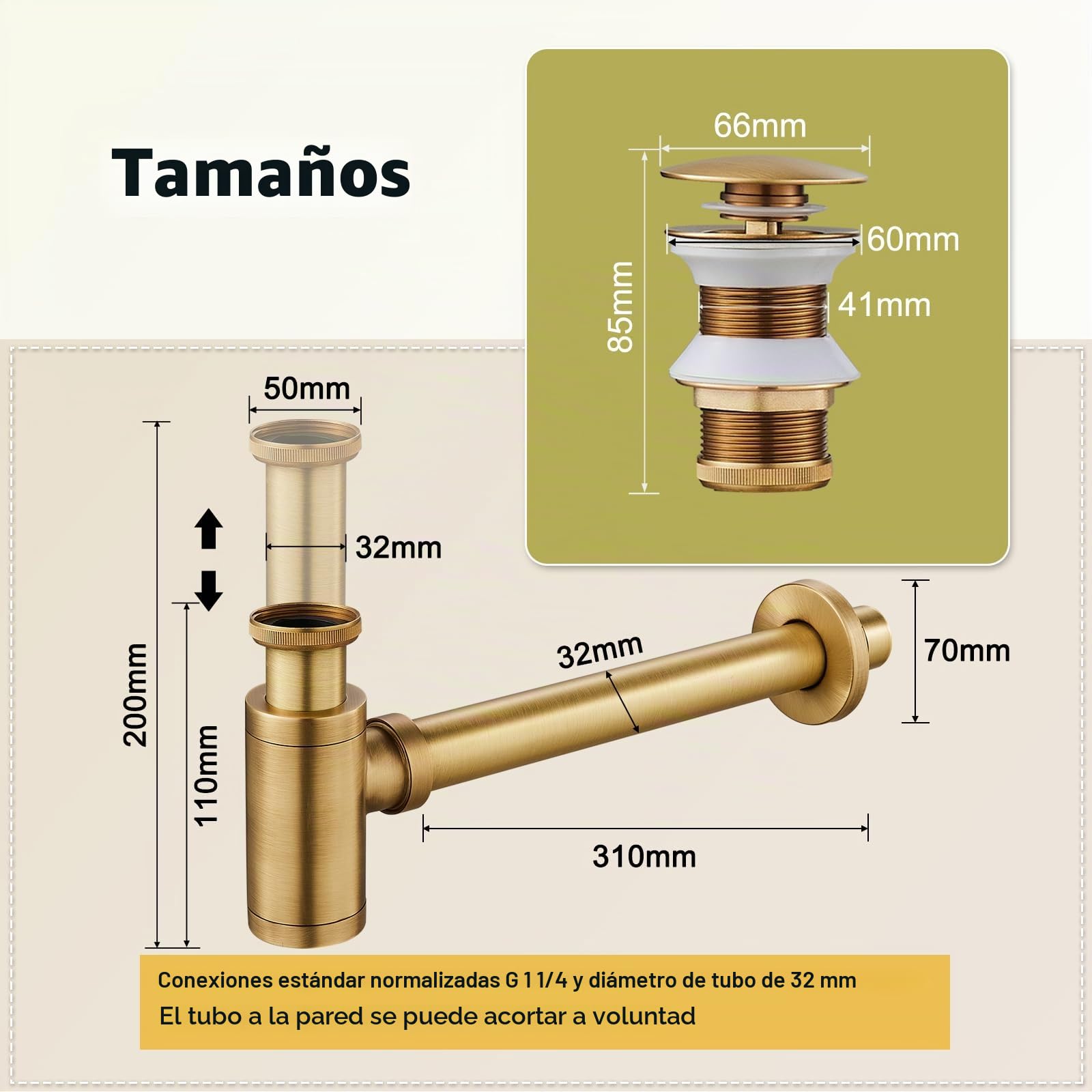 Juego de sifón y desagüe universal para lavabo sin rebosadero, desagüe Pop Up sin rebosadero, incluye juntas, diseño sifón lavabo para baño, latón antiguo