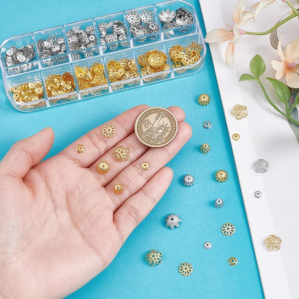 370Pcs Flower Bead Cap 12 Style Metal Flower Bead End Cap Floral Bead End Spacer Floral Bead Cap Filigree for Jewelry Making DIY Craft Bracelet Earring Necklace Accessory Supplier