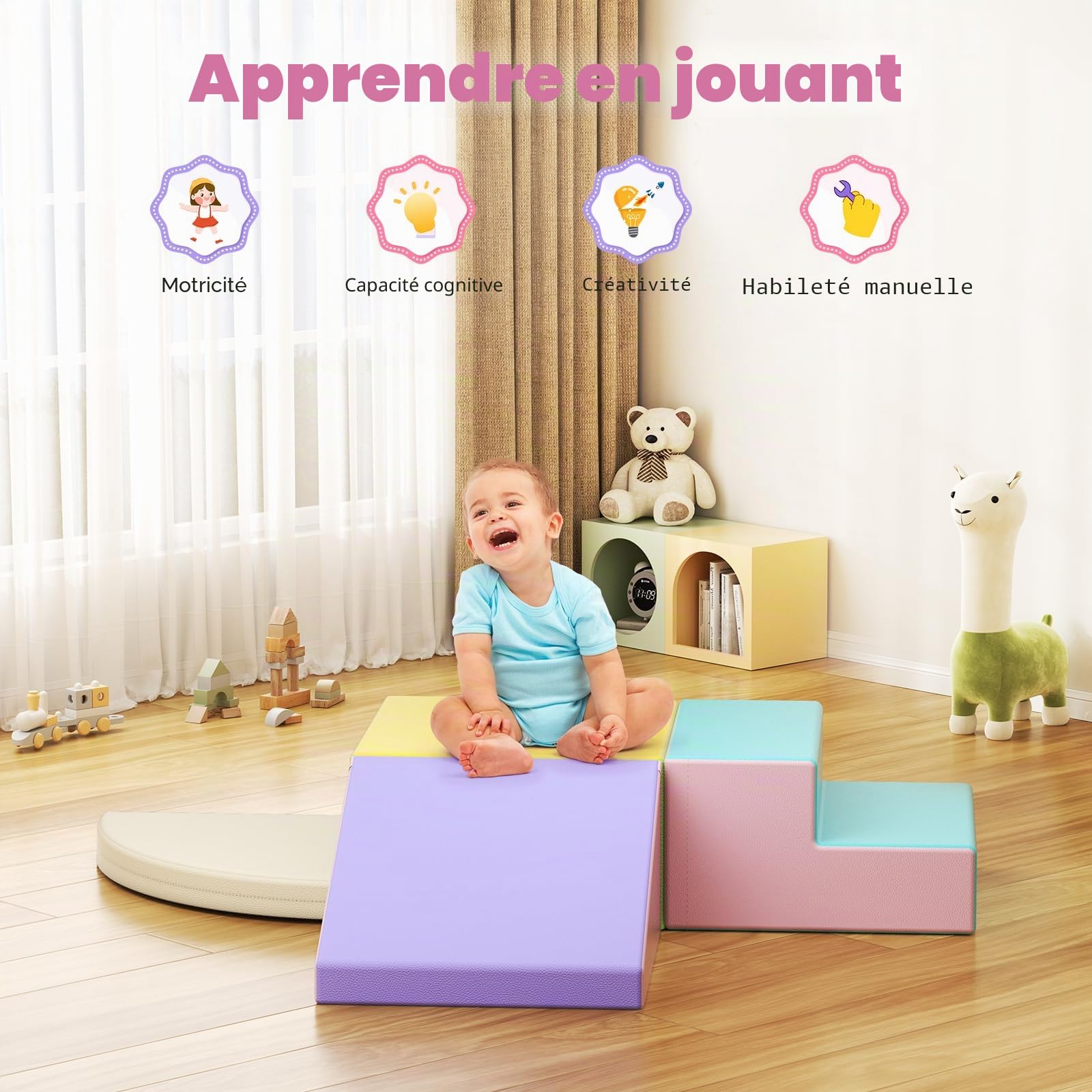 Lot de 4 blocs d'escalade en mousse - Couleurs macaron - Jouet souple - Blocs de construction combinables avec fermeture - Jouet éducatif sûr pour enfants - Intérieur et crèche