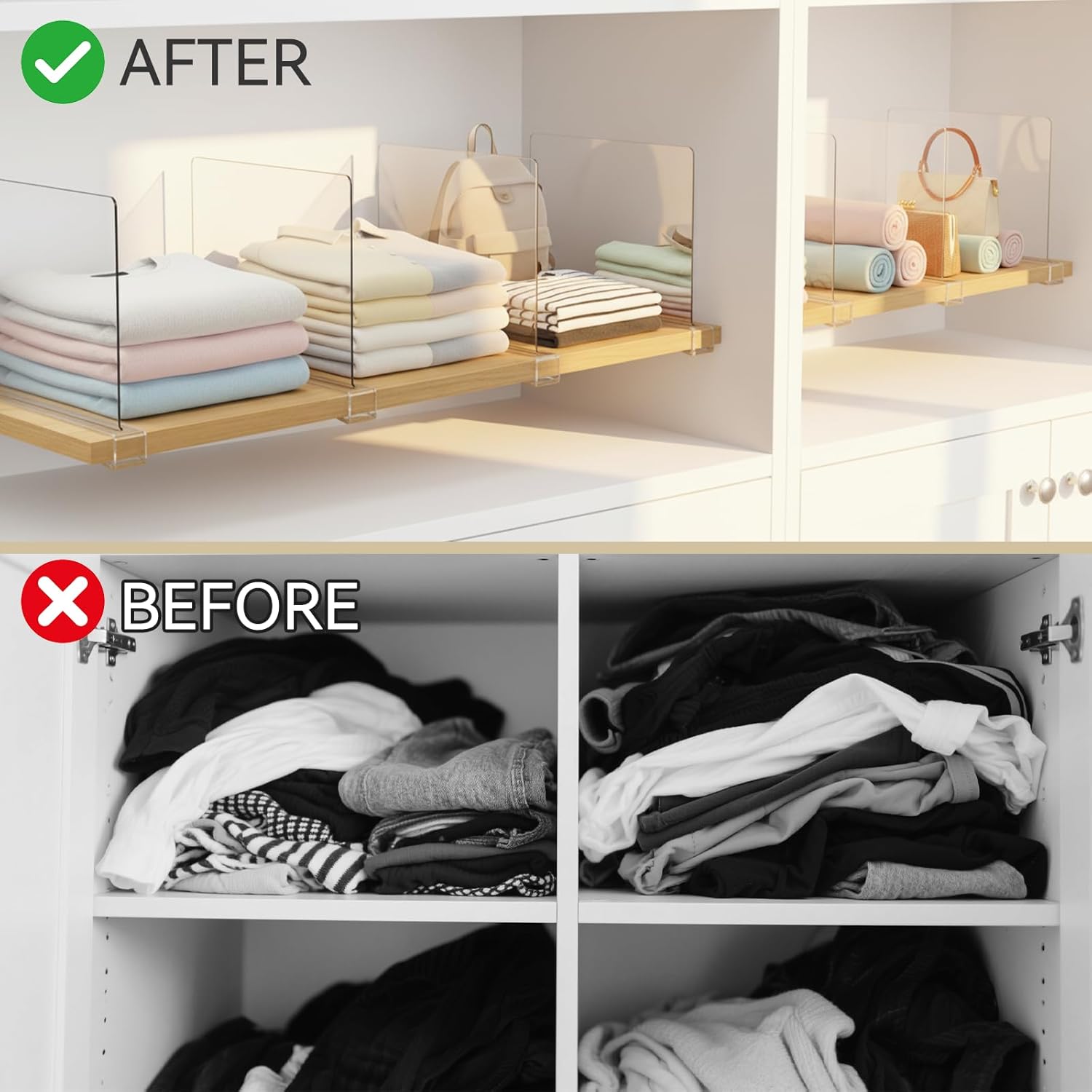 Ninonly 8 Pack Acrylic Shelf Dividers, 12 Inch Vertical Clear Closet Organizers and Storage for Sweaters, Shirts, Handbags, Bookshelf Pantry Organization, Multi-Purpose Shelf Organizer for Bedroom