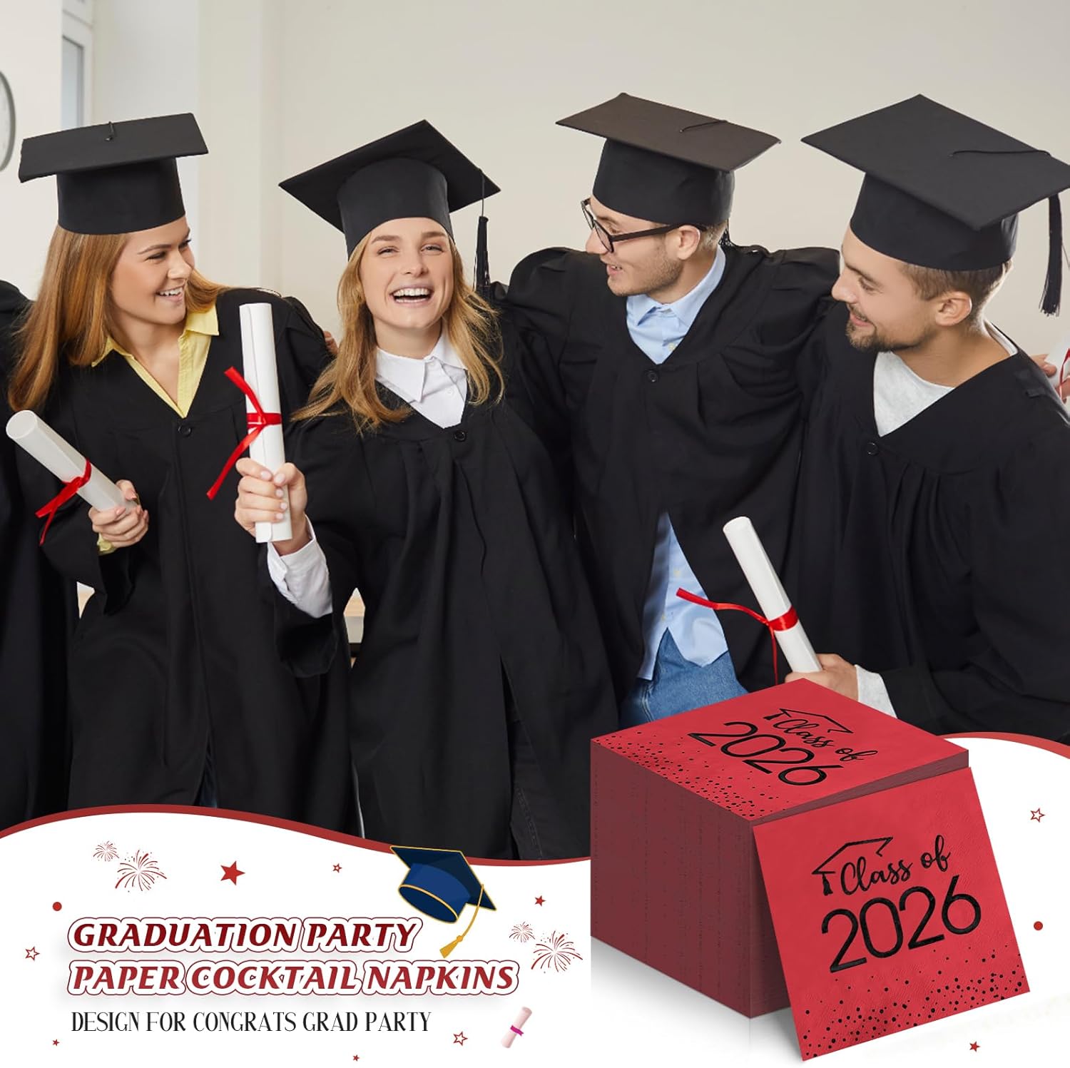 200Pcs Class of 2026 Graduation Napkins, Disposable Congrats Grad Paper Cocktail Napkins Square Foil Dot Hand Towels for 2026 School University College Graduation Party Decorations (Red and Black）