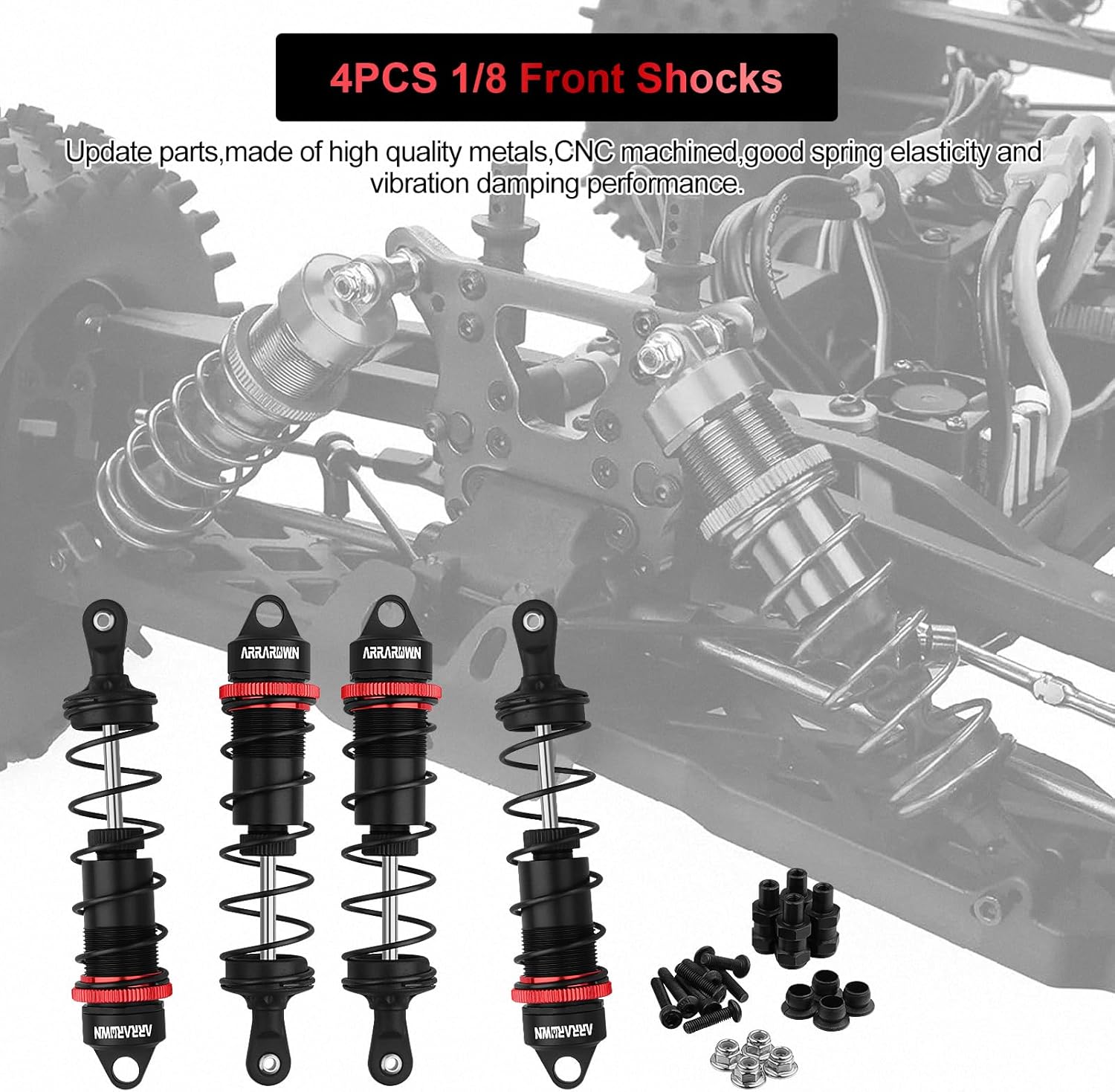 RC Shock Set, 4PCS 1/8 RC Car Front Shock Absorbers 110mm Adjustable Shocks Compatible with 1/8 Arrma KRATON/Typhoon 6S Traxxas-Sledge-ALUM,Team Associated,Redcat ZD Racing Off-Road Truggy (Black)